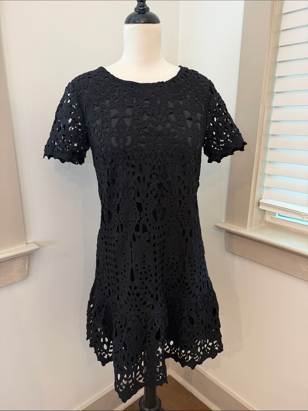 Polagram Black Crochet Mini Dress